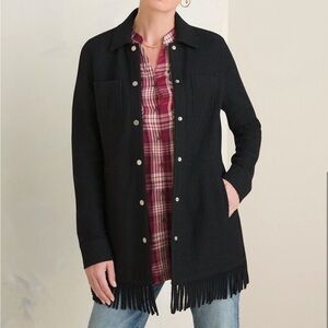 Chicos Boiled Wool-Blend Fringe Trim Blanket Jacket